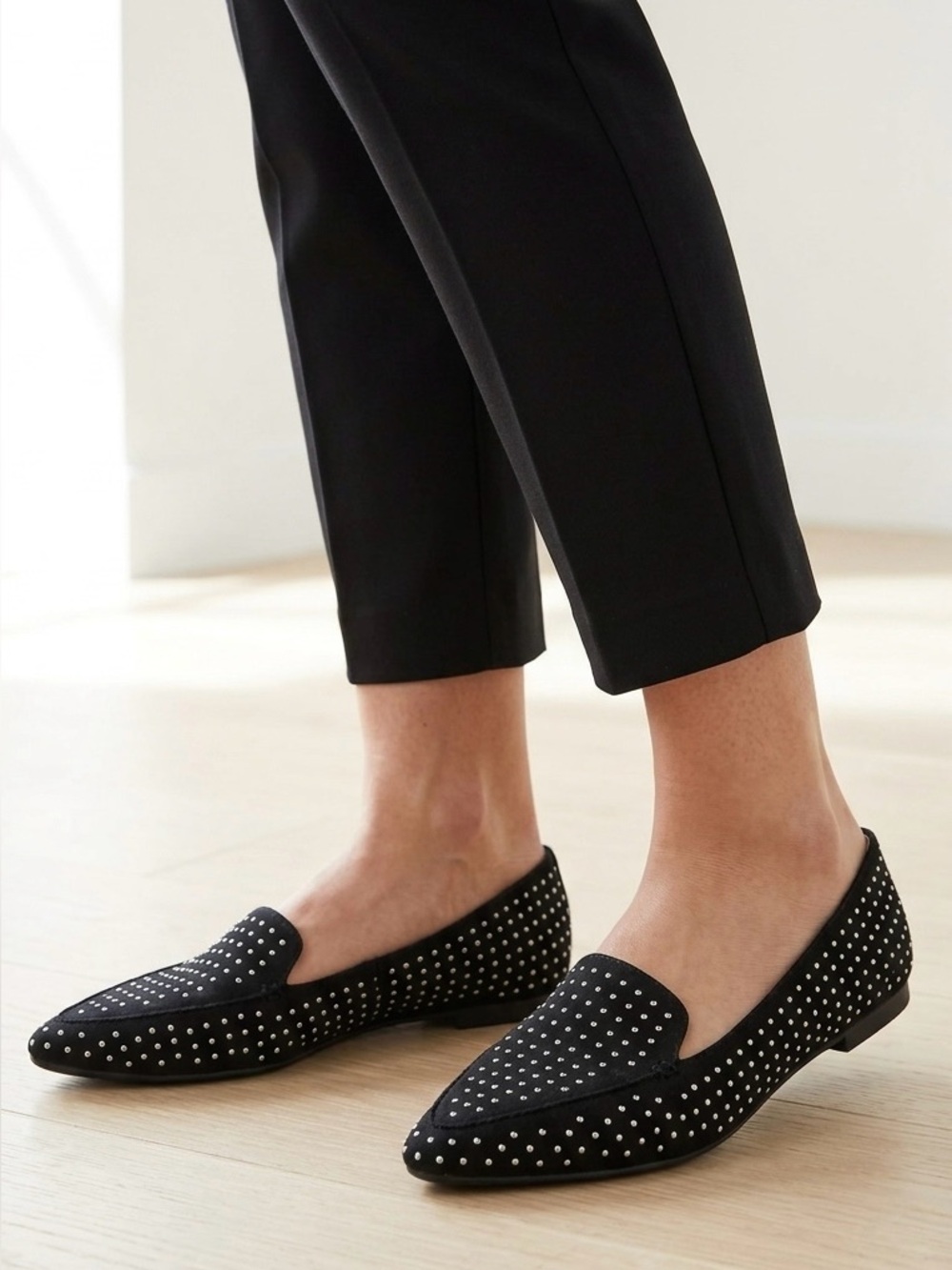 NWT Time and Tru Black Studded Pointed Toe Flats Memory Foam Wide Width Shoes 9W